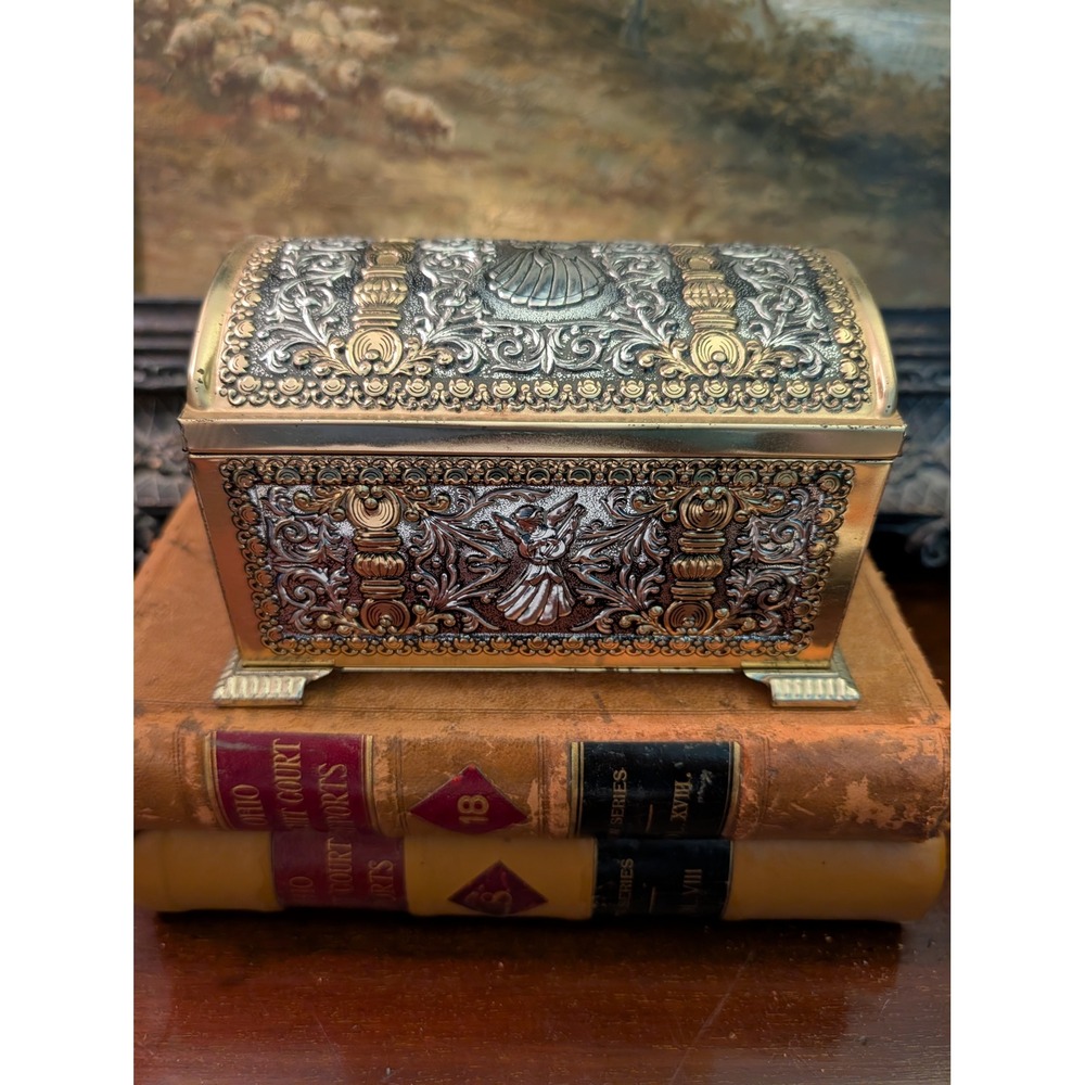 Angel Trinket Box Tin Gold Silver Two Tone 4x6